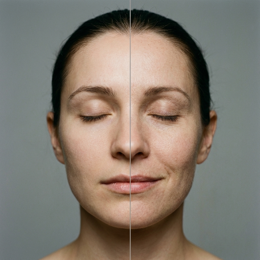 Side-by-side vertical comparison of a face and its mirrored counterpart